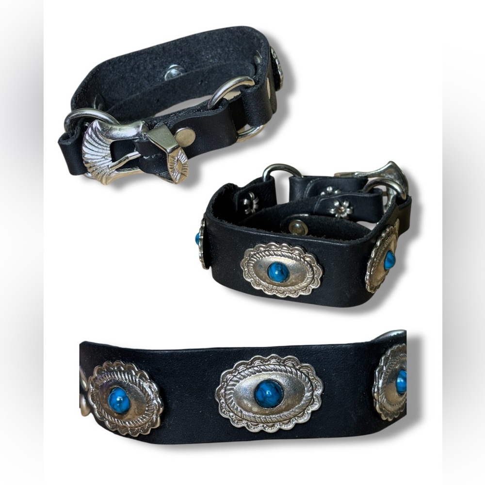 Western Leather Choker with Faux Turquoise Conchos & Buckle – Festival Bohemian